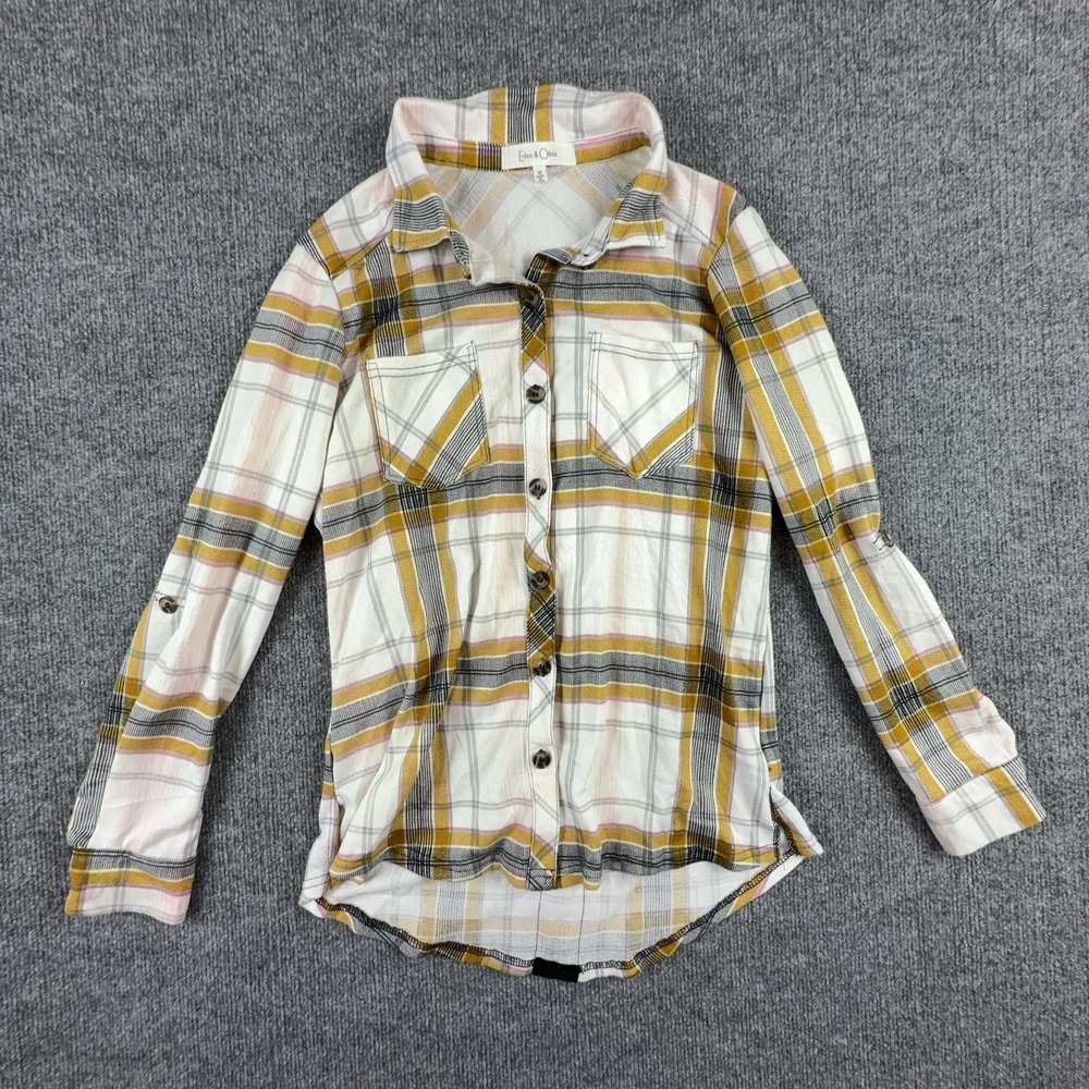 Eden & Olivia Shirt Womens Medium White Plaid Button‎ Front Lace Up Back Top
